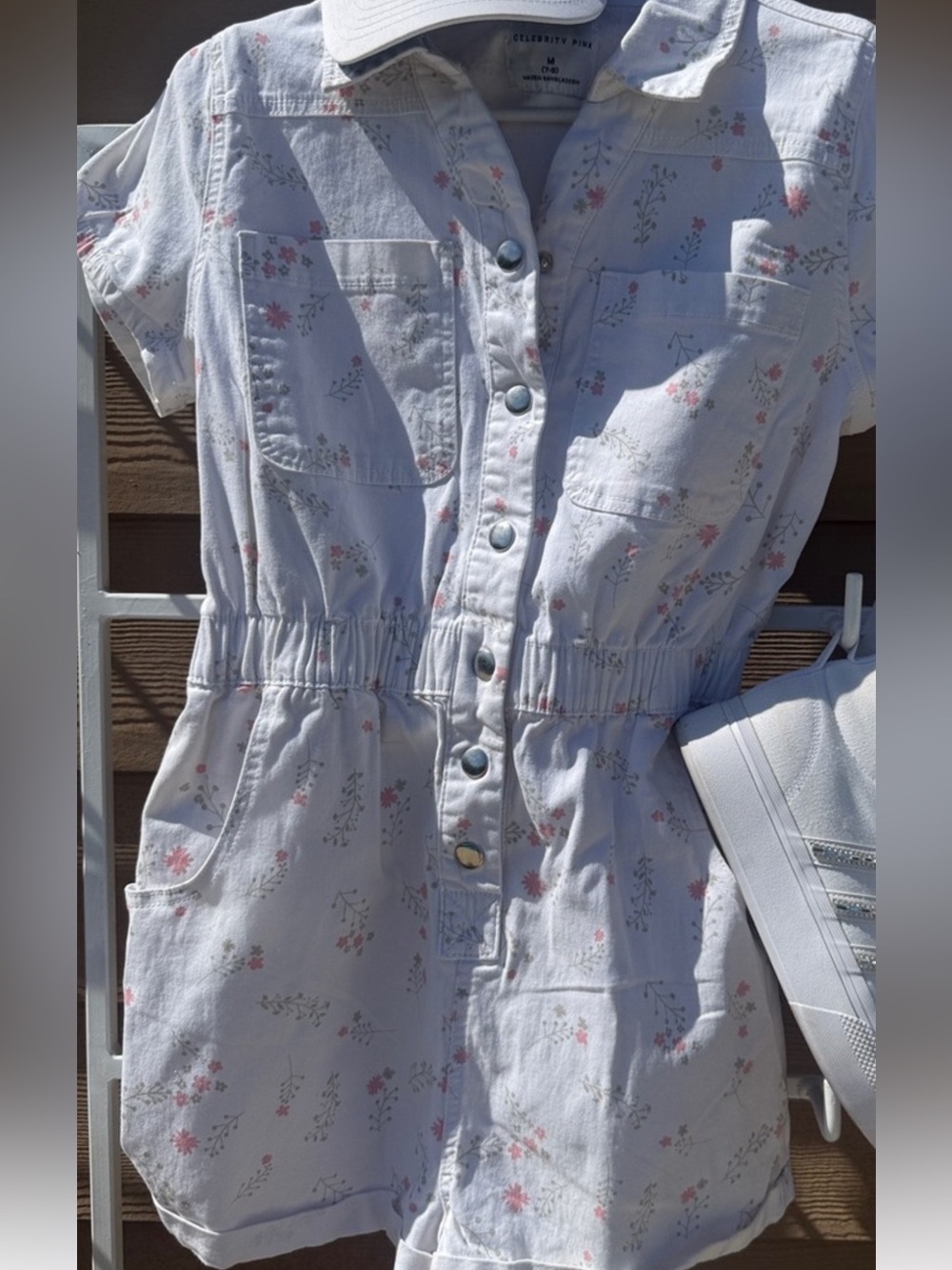 Celebrity "New" White Jean Sexy Button Down Romper delicate pink&grey flwrs 7/9